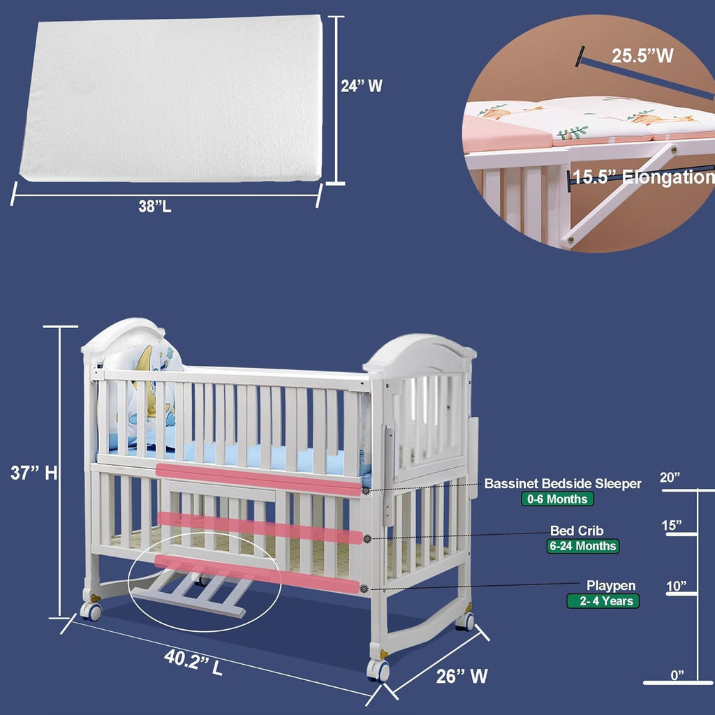 Portable Mini Baby Crib 4 in 1 with Memory Foam Mattress(38"by24") Included, Cunas para 2026 Convertible Crib 6