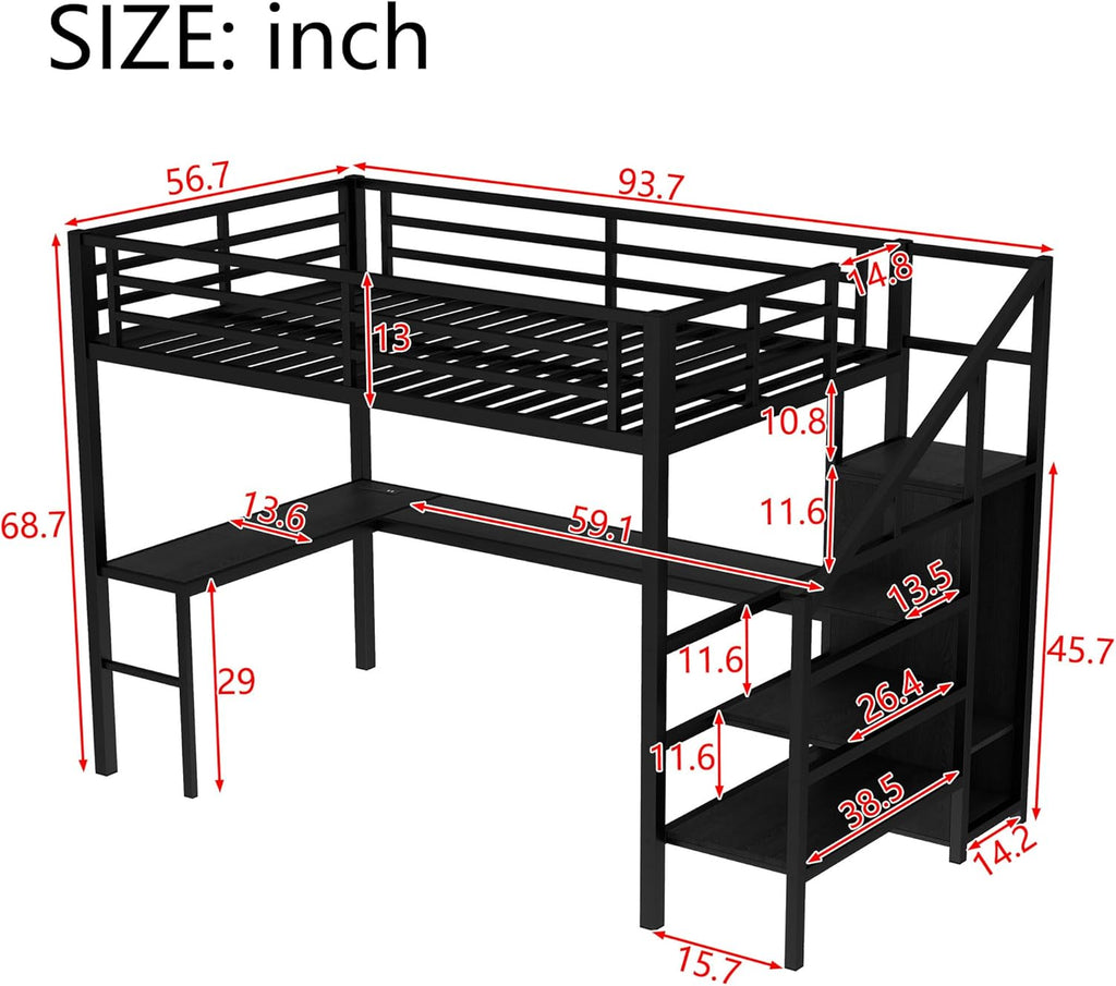 Metal Full Loft Bed with Desk and Wardrobe,Heavy Duty Loft Bed Frame with Storage Stairs,LED Lights and Charging