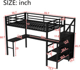 Metal Full Loft Bed with Desk and Wardrobe,Heavy Duty Loft Bed Frame with Storage Stairs,LED Lights and Charging