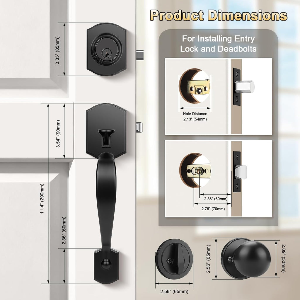 Front Door Lock Set Matte Black Exterior Door Handle, Deadbolt Lock with Interior Door Knob for Entry Doors