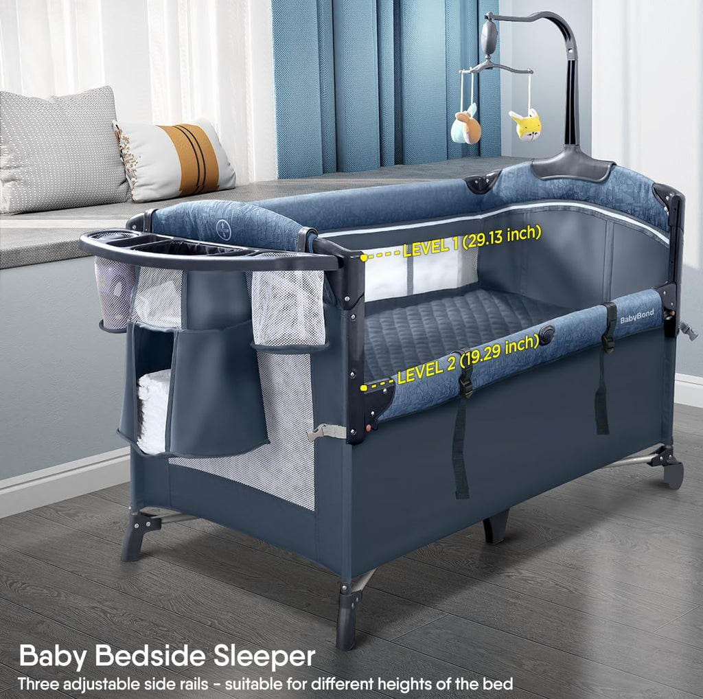 Baby Bassinet Bedside Crib, Pack and Play, Diaper Changing Table | Portable Large Playard, Music Mobile, with