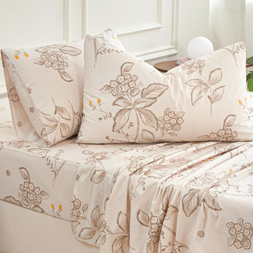 Cream Floral Bed Sheets Set 100% Cotton Percale Sheets Farmhouse Flower Printed Beige Vintage Cottage Bedding