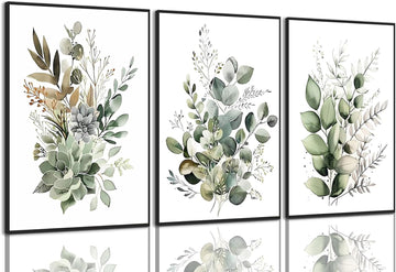 Botanical Wall Art Plant Floral Watercolor Canvas Prints Set of 3 Framed Sage Green Painting Eucalyptus Leaf Picture