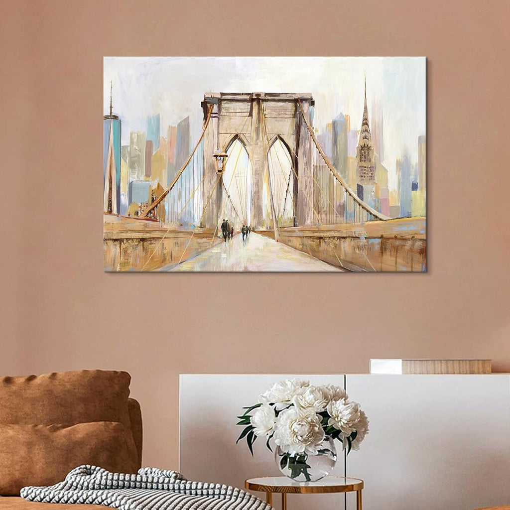 Brooklyn Bridge Wall Art New York City Skyline Painting Modern Abstract Cityscape Framed Artwork Large Canvas Ready