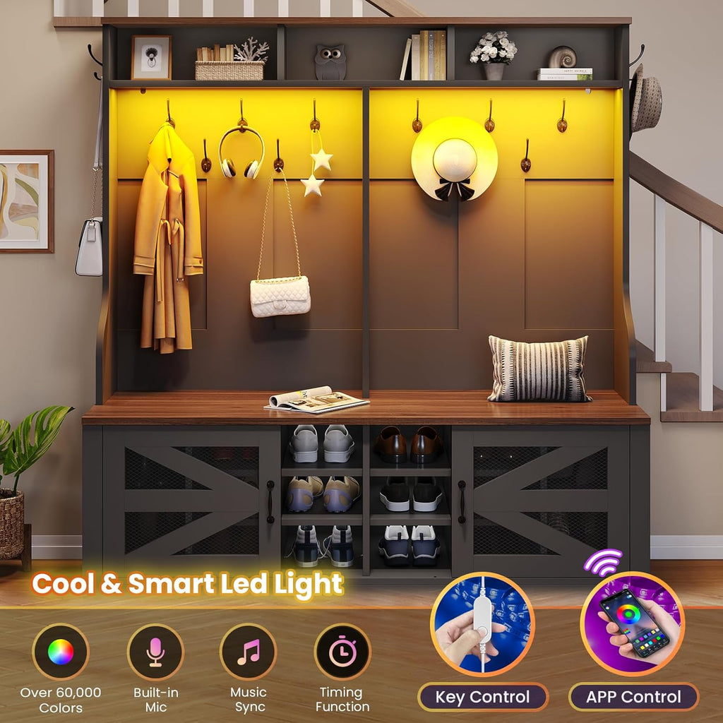 Hall Tree with Bench and Shoe Storage, 5-in-1 Entryway Bench with Coat Rack, 16 Shoe Cubbies & 12 Coat Hooks, Barn