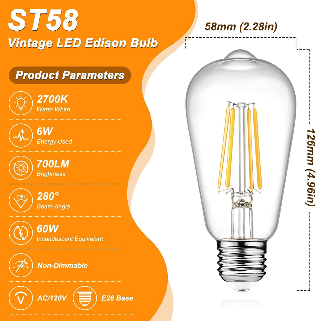 Vintage LED Edison Bulbs 6W, Equivalent 60W Incandescent, Non-Dimmable, Warm White 2700K, ST58 Antique LED Filament