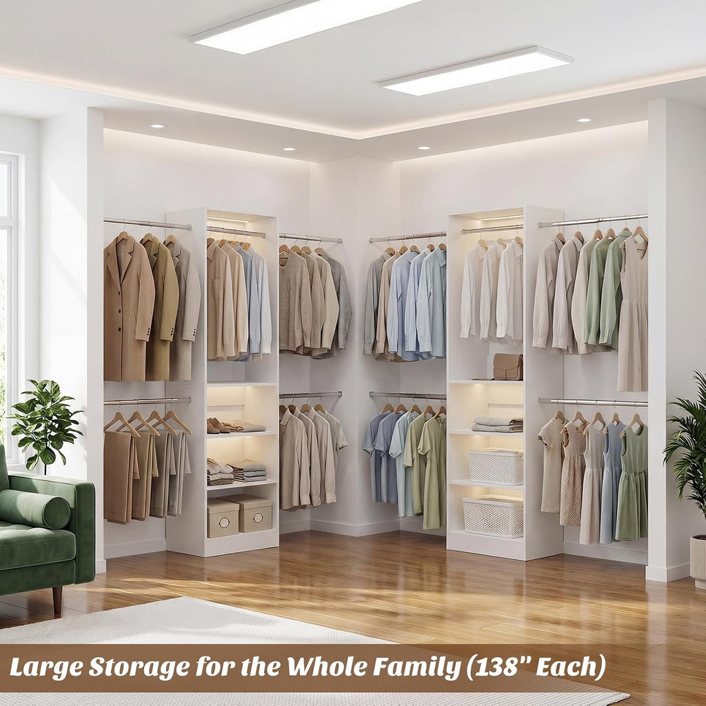 12FT Large Open Closet System, 138'' Wall-Mounted Closet Shelving with 5 Hanging Rods and 6 Shelves, Customizable