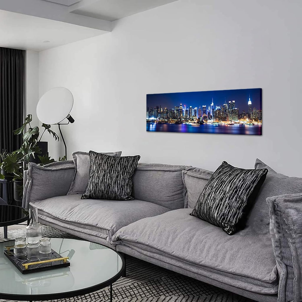 New York Wall Art Living Room Decor Beautiful Manhattan City Skyline Night Light Photo Poster Prints on Canvas Blue