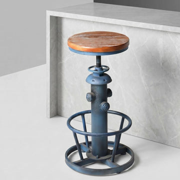 Industrial Vintage Fire Hydrant Bar Stool, Height Adjustable Swivel Counter Stool with Solid Wood Seat, Distressed