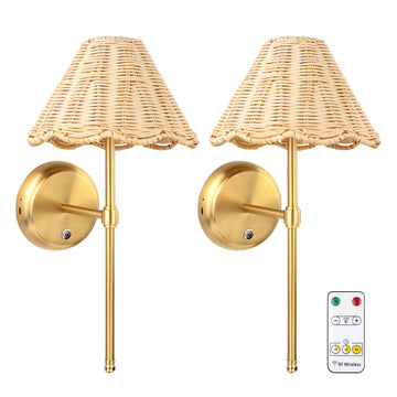 Battery Operated Boho Rattan Wall Sconce Set of 2, Stepless Dimming Magnetic Wall Lamp, 5200mAh Rechargeable Battery