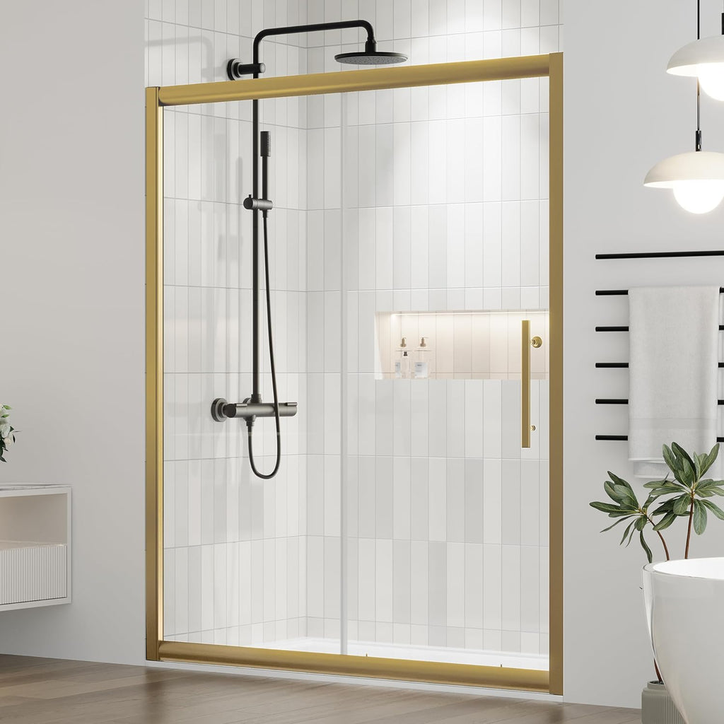 60.in W x 75.in Semi-Frameles Shower Door with Clear SGCC Tempered Glass and Easy Roller System，Gold Sliding Shower