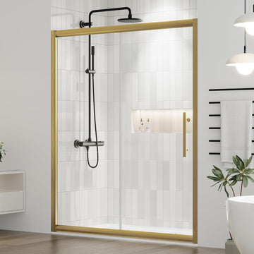 60.in W x 75.in Semi-Frameles Shower Door with Clear SGCC Tempered Glass and Easy Roller System，Gold Sliding Shower