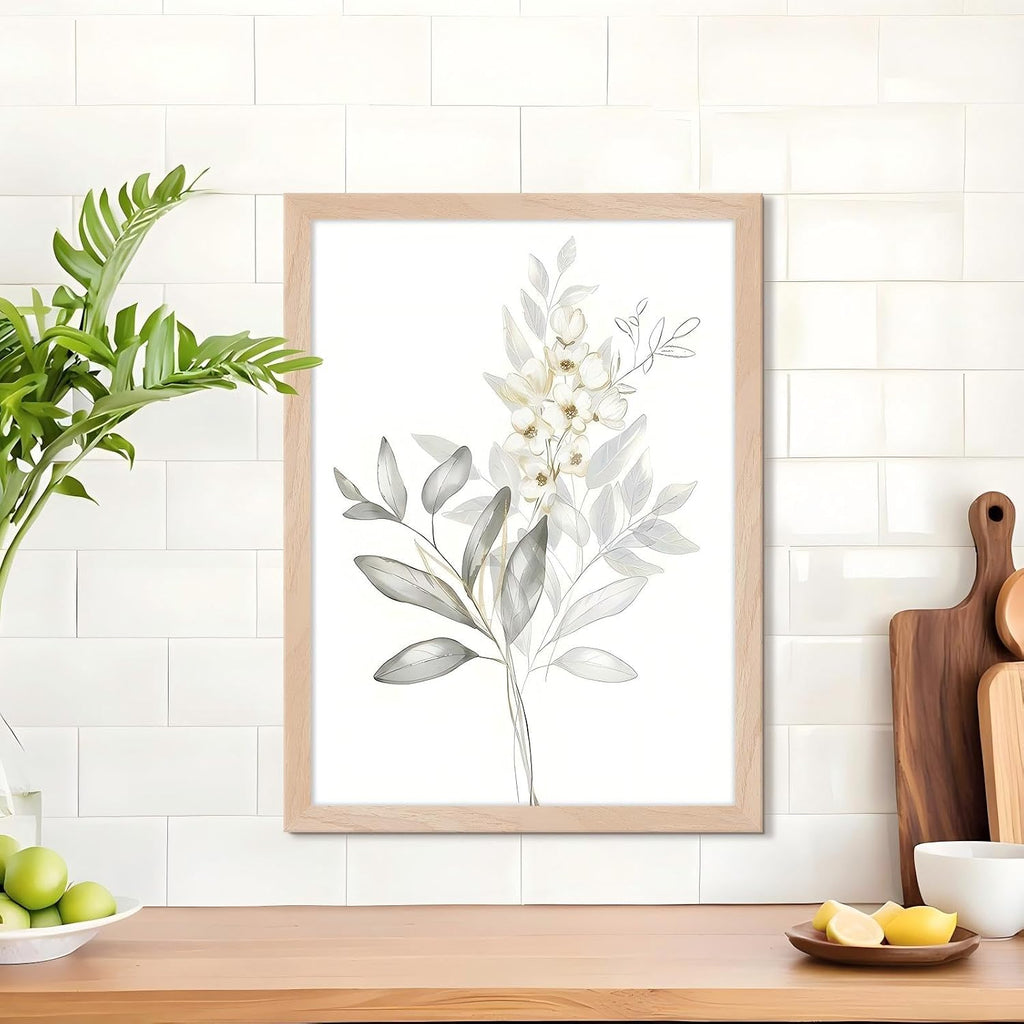 Framed Botanical Wall Art Set of 2 Minimalist Floral Canvas Prints with Solid Wood Frame & Acrylic Cover, Neutral