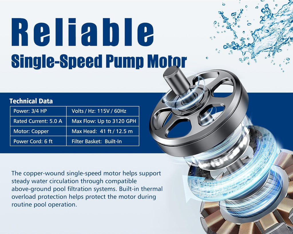 3/4 HP Above Ground Pool Pump with Timer, 3120 GPH 115V Self-Priming Sand Filter Pump Replacement with Filter Basket
