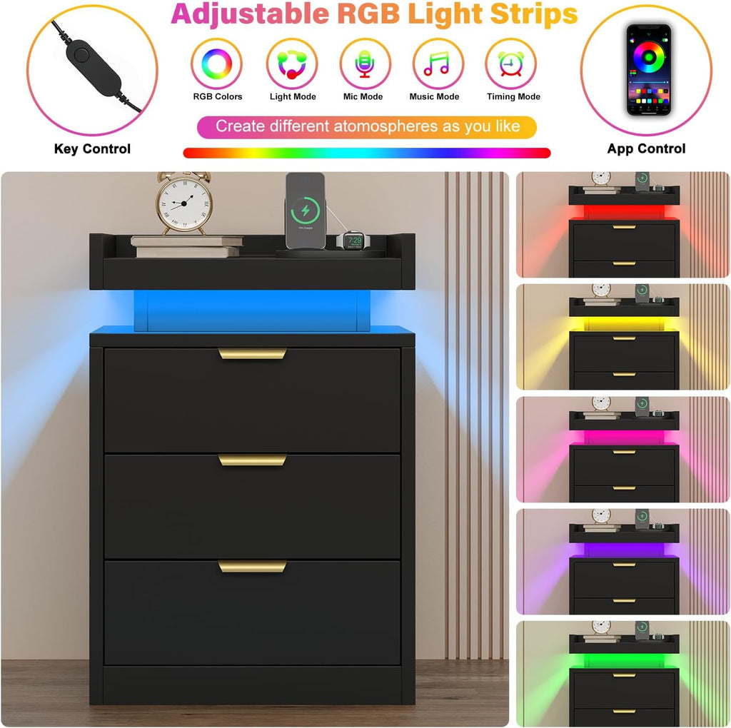 LED Nightstand with Charging Station & USB Ports, 3-Drawer Bedside Table with Adjustable RGB LED Lights, High-Gloss