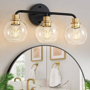 3 Light Bathroom Vanity Light, Black and Gold Bathroom Light Fixtures | with Clear Glass Shade Modern Wall Sconces