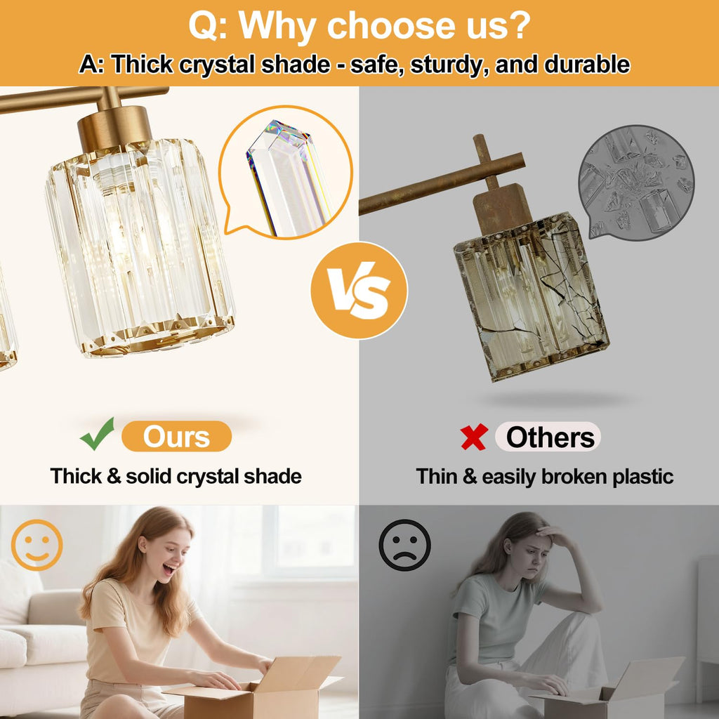 Modern Crystal Bathroom Vanity Light, 4-Light Gold Bathroom Light Fixtures Over Mirror, Crystal Vanity Light with