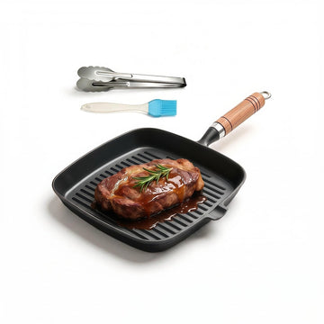 Cast Iron Grill Pan 8.6" Griddle Skillet with Pour Spout & Wooden Handle