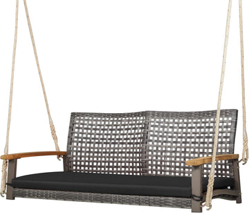 2-Person Outdoor Porch Swing with 118" Hanging Ropes, Patiojoy PE Wicker Patio Hanging Swing Bench with Soft Seat