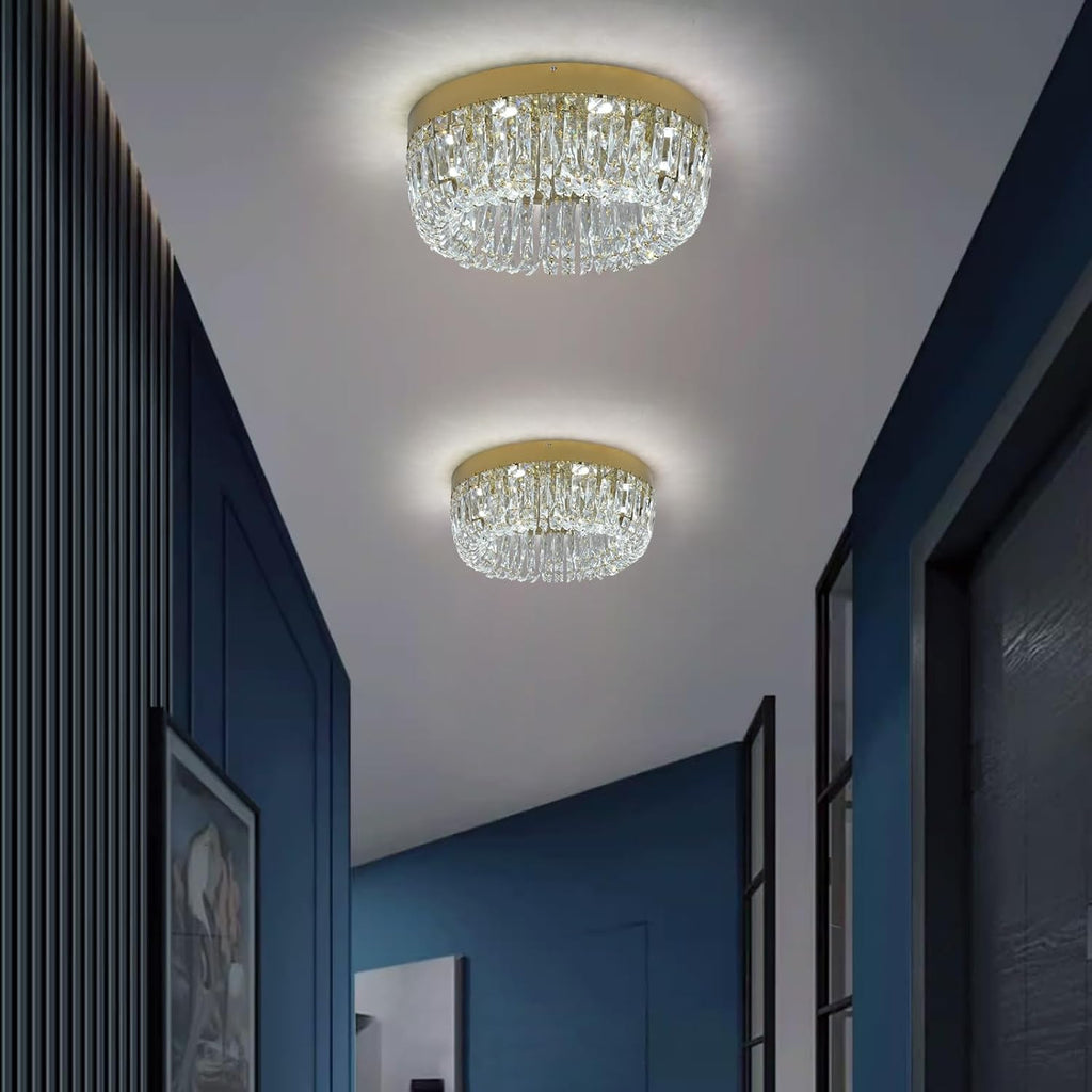 Luxury Gold Crystal Chandelier Flush Mount Ceiling Light, 19.7" Modern LED Lighting Fixture for Bedroom Kitchen