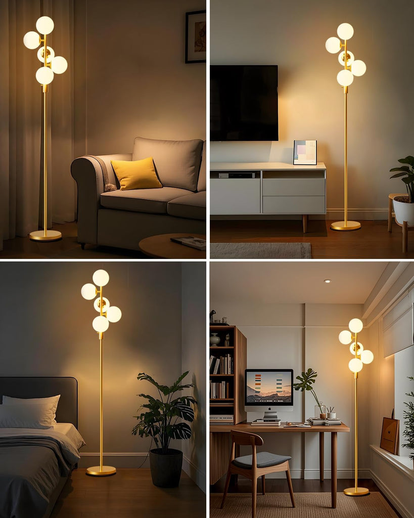 Dimmable Globe Floor Lamp Mid Century Modern Floor Lamp with 5Pcs 3000K Bulbs Included Brightness Adjustable Gold