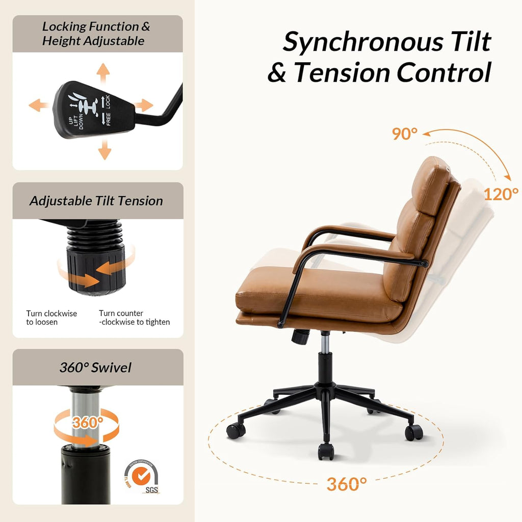 Modern Faux Leather Home with Tilt Lock & Metal Base, Desk Chair with Wheels & Padded Cushion, 360° Swivel Wide Seat