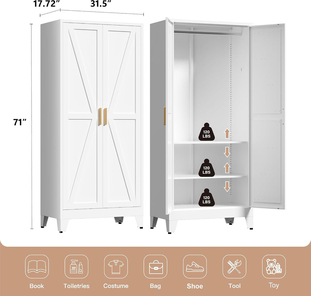 71" Tall Metal Wardrobe Closet with Adjustable Shelves and Hanging Rod, 2 Doors Free Standing Armoire Wardrobe