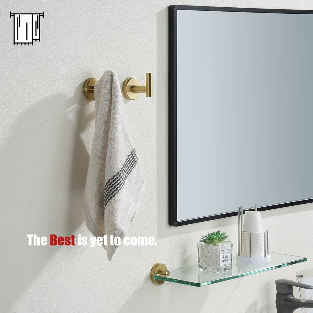 Bathroom Towel Hook Brushed Gold, Brass Coat Robe Clothes Hook Kitchen Garage Wall Mounted (Pack of 2), SUS 304