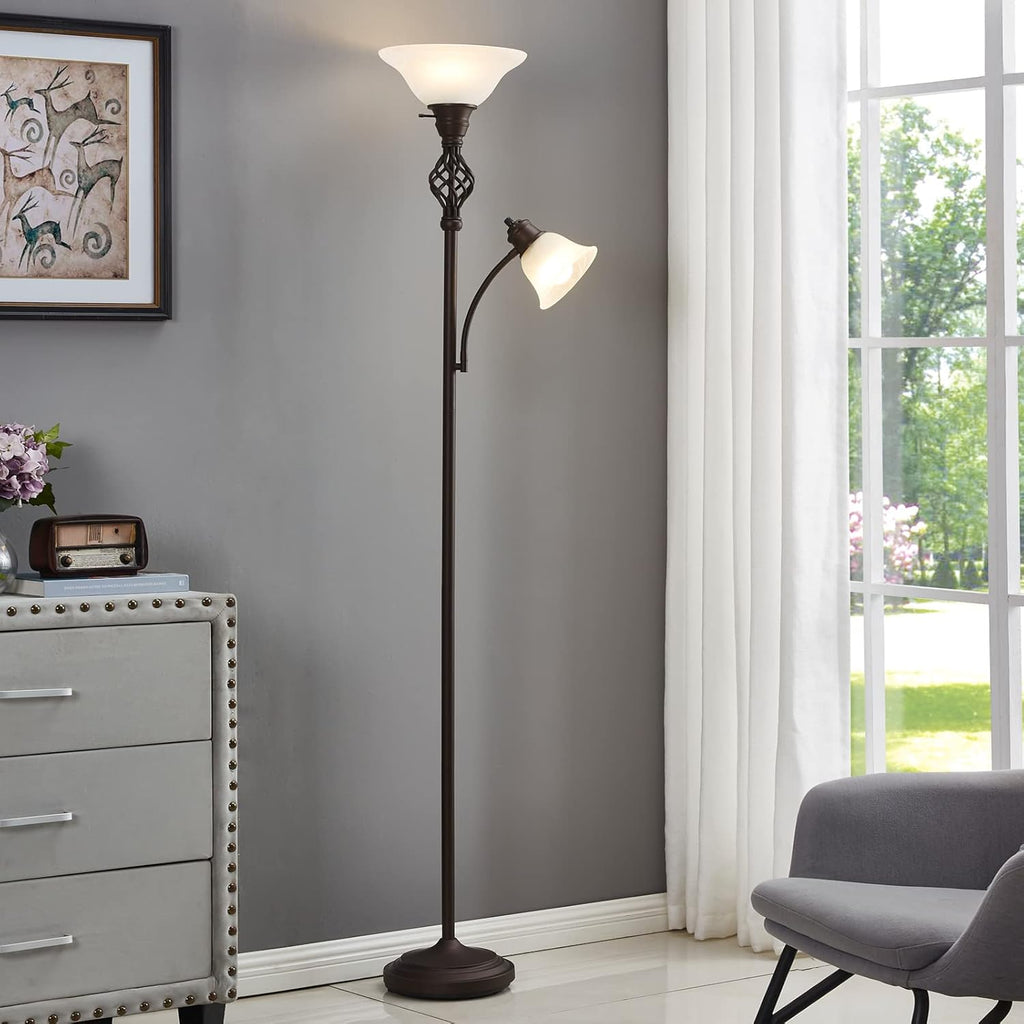 Torchiere Floor Lamp, LED Standing Reading Light with Glass Shade Corner Bedroom Home Office,Bulbs Included (Red Brown
