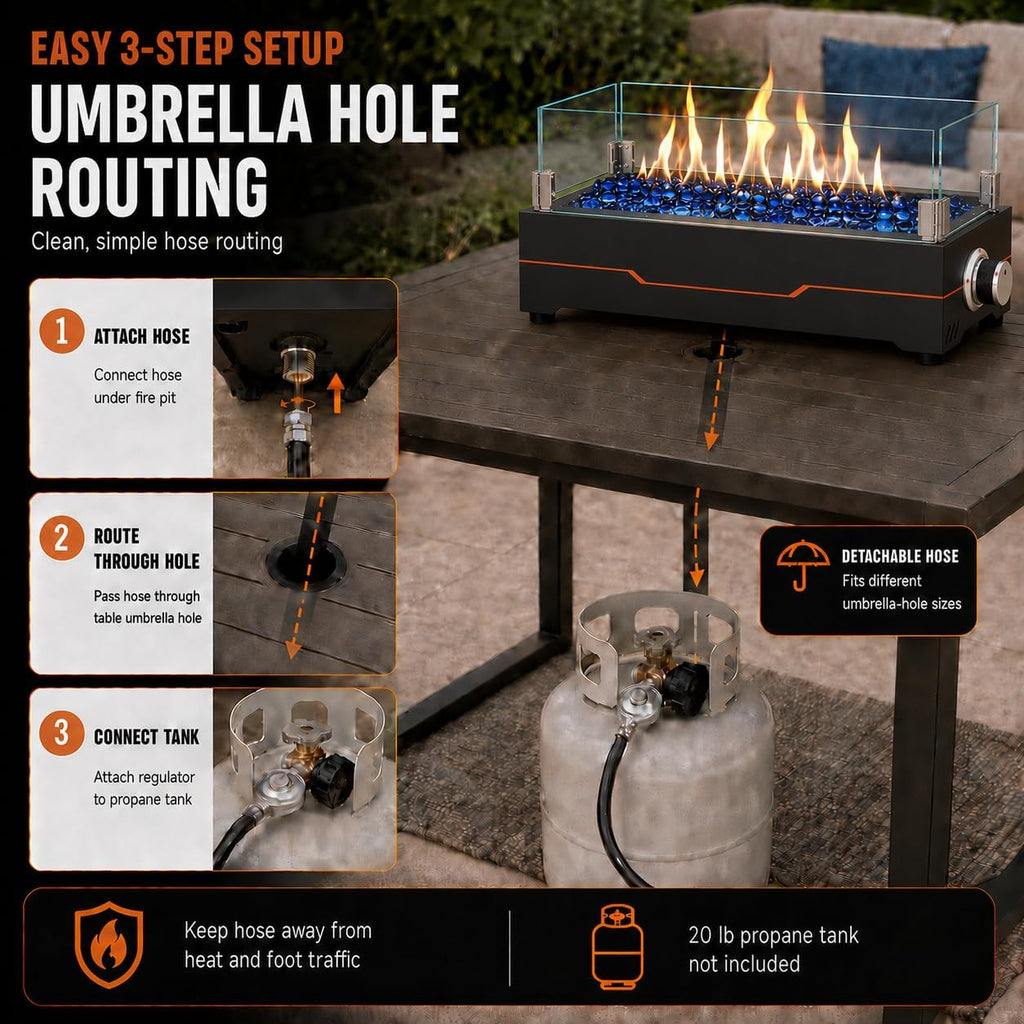 15 Inch Table Top Propane Fire Pit, 30,000 BTU Rectangular Tabletop Firepit with Glass Wind Guard & Carry Bag