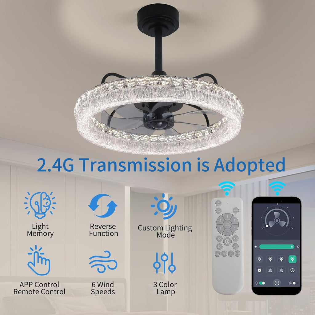 20" Ceiling Fans with Lights and Remote, Modern Crystal Chandelier Quiet Ceiling Fans