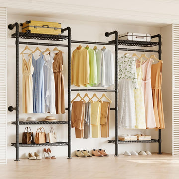 W3 Industrial Pipe Clothing Rack, Wall Mounted Clothes Rack Closet Wardrobe System with Expandable Hanger Rods