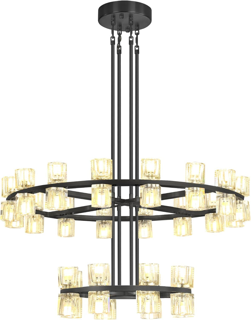 Inspired Arcachon Style 2-Tier Round Wagon Wheel Chandelier, 16" + 32" 48-Light Black — Foyer, Great Room & Dining