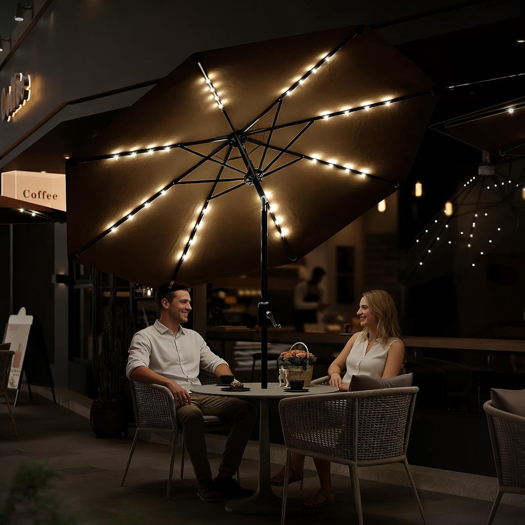 Patio Umbrella with Solar Lights, Outdoor Table Umbrella with 8 Durable Ribs, Tilt & Crank Mechanism