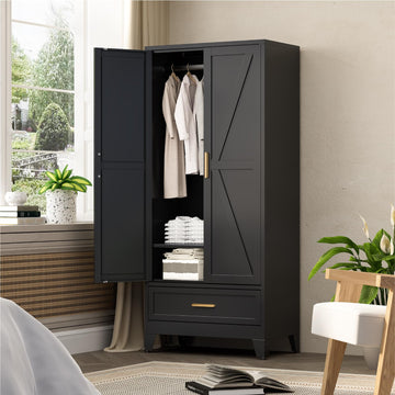 71 Farmhouse Metal Wardrobe Closet with Hanging Rod, 2 Barn Doors, Adjustable Shelves, Steel Armoire with Drawer Black