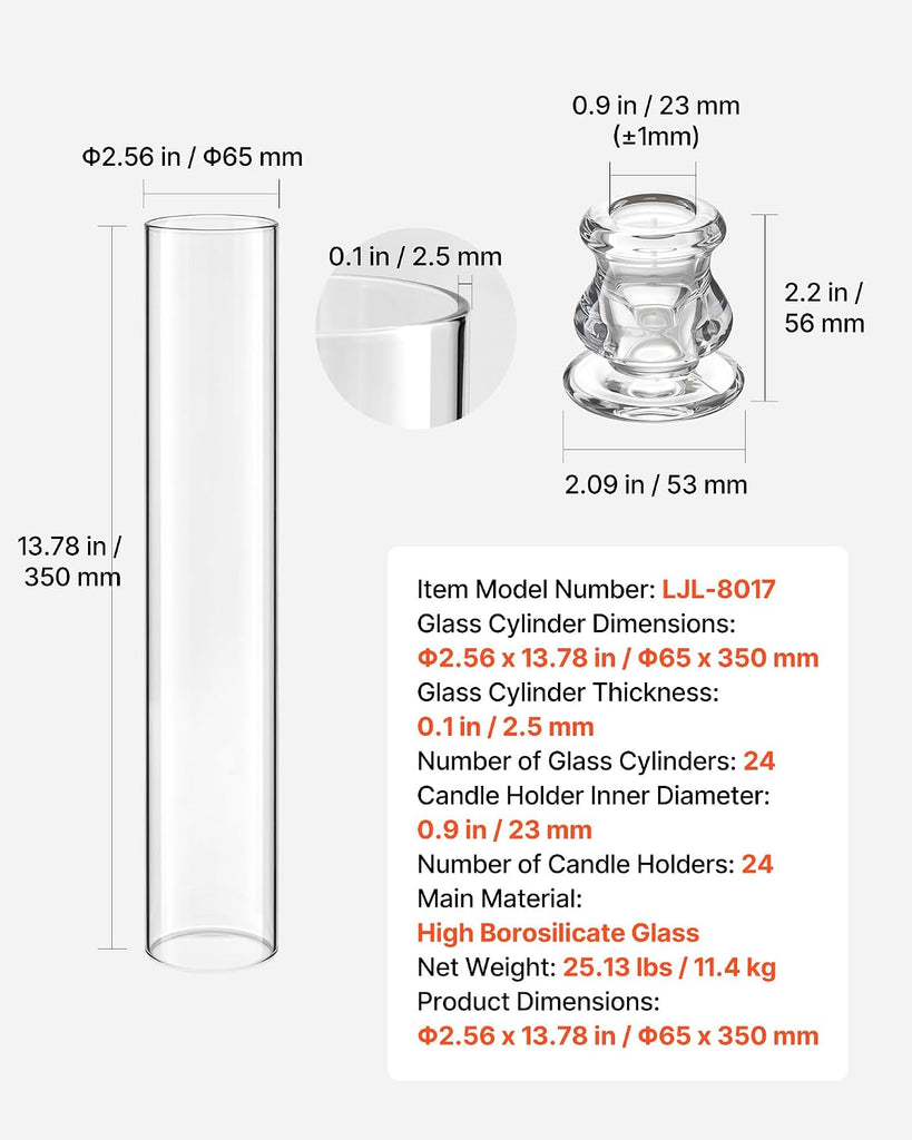 Hurricane Candle Holders Set of 24, Φ2.56 x 13.78 in Tall Clear Glass Cylinder Candleholder Sleeve, High Borosilicate