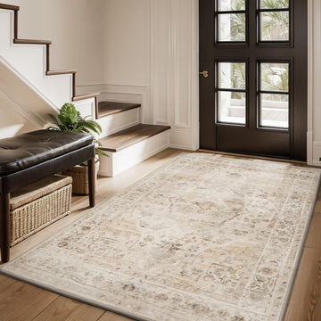 3X5 Area Rug-Soft Washable Vintage Throw Accent Rugs, Laundry Room, Kitchen, Bathroom, Bedside, No Slip Beige