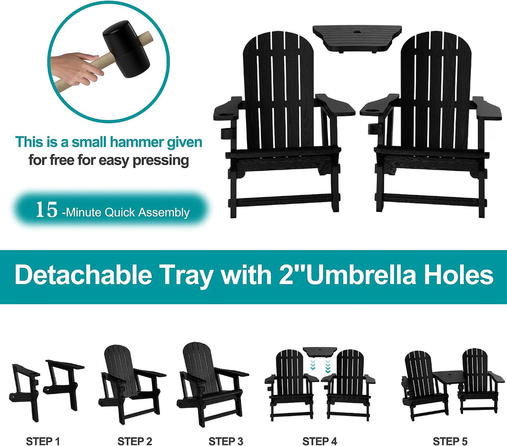 Outdoor Adirondack Chair Set of 2, All-Weather HDPE Patio Furniture with Detachable Table, Wood Texture & Cup