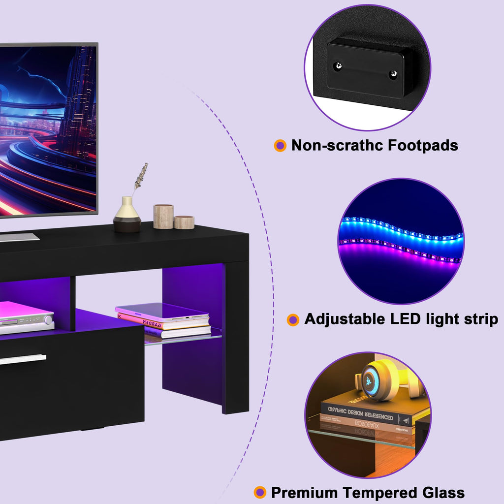 Modern Lighting 51 inch TV Stand with Large Storage Drawer for 32 40 50 55 Inch TVs, TV Console with 20 Color LED