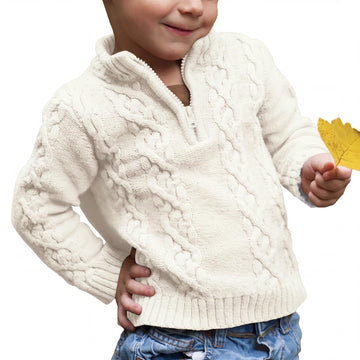 Toddler Boys' Girls' Cable Knit Pullover Sweater Quarter Zipper Long Sleeve Fall Winter Knitwear Outfit White