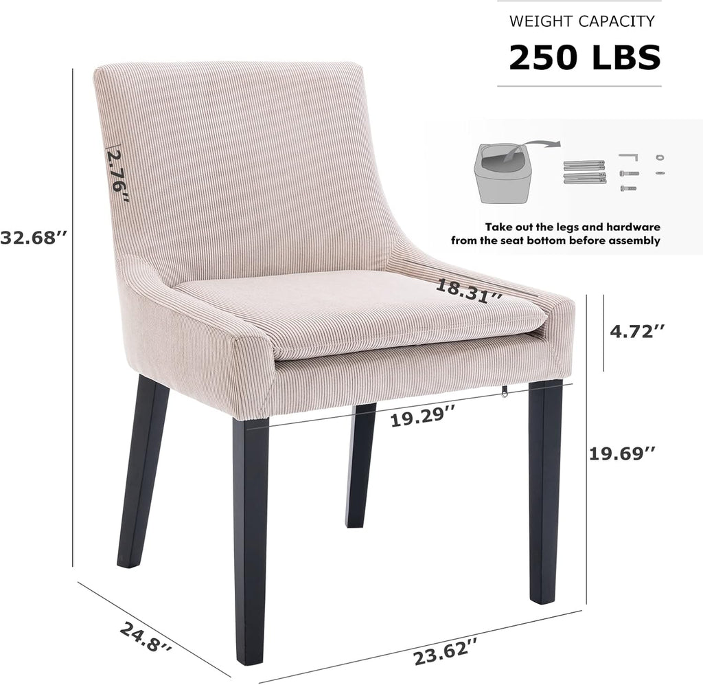 Modern Dining Chairs Set of 2, Upholstered Corduroy Accent Side Leisure Chairs with Mid Back and Wood Legs for Living Room/Dining Room-Beige