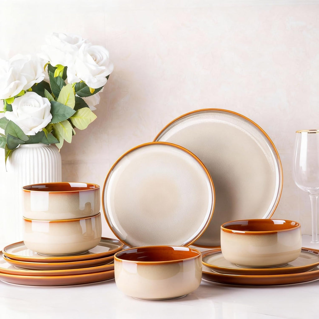 Ceramic Dinnerware Sets for 4,12-Piece Plates and Bowls,Handmade Reactive Glaze Dishes Set,Chip Resistant and Scratch