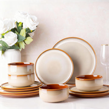 Ceramic Dinnerware Sets for 4,12-Piece Plates and Bowls,Handmade Reactive Glaze Dishes Set,Chip Resistant and Scratch