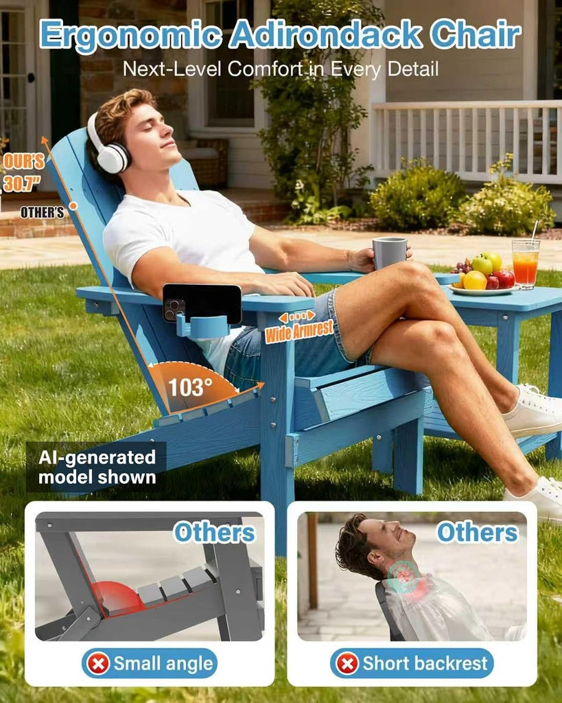 Adirondack Chair with Cup Holder, All-Weather Outdoor Chair, Blue | HIPS Plastic Fire Pit Chair with Wood Texture