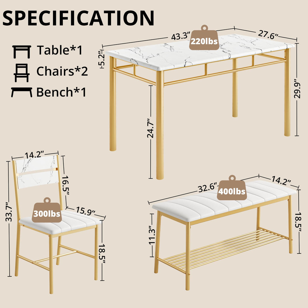 Dining Table Set for 4, Kitchen Table and Chairs Set, White & Gold