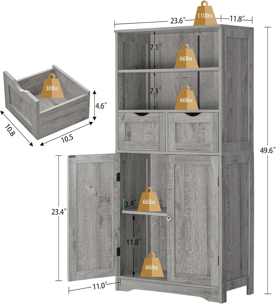 Storage Cabinet with 2 Drawers & Adjustable Shelf, Tall Bathroom Cabinet with Doors, Cupboard, Kitchen Cabinets , Grey