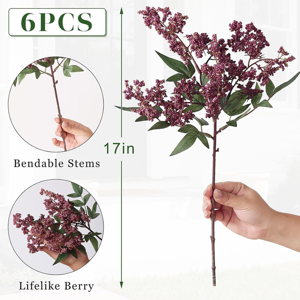6 Pcs 17" Artificial Nandina Berry Stem, Faux Berry Spray(Dusty Plum) | DIY Bouquet, Elegant and Delicate, Realistic