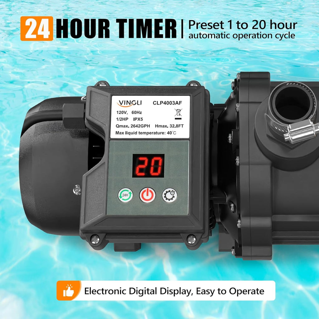 24H Timer) 12 in Sand Filter Pump with Filter Balls, 1585 GPH 1/2 HP High Efficiency Pool Pump with 7-Way Valve for