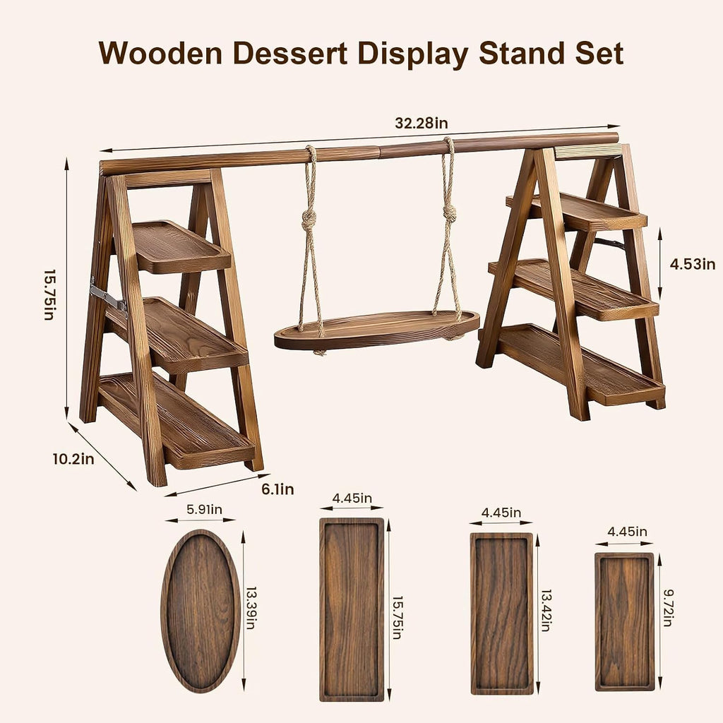 3 Tier Swing Wooden Cupcake Stand, Foldable Removable Serving Platter Tray | Rustic Party Food Display Stand, Dessert