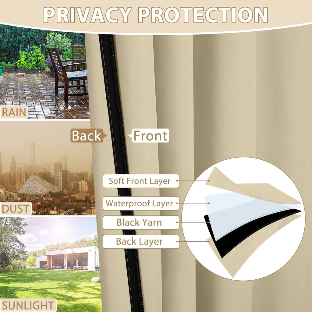 Waterproof Outdoor Curtains with Zipper Top & Bottom Grommet Thermal Privacy Drapes 2 Panels Gazebo Outside Blackout